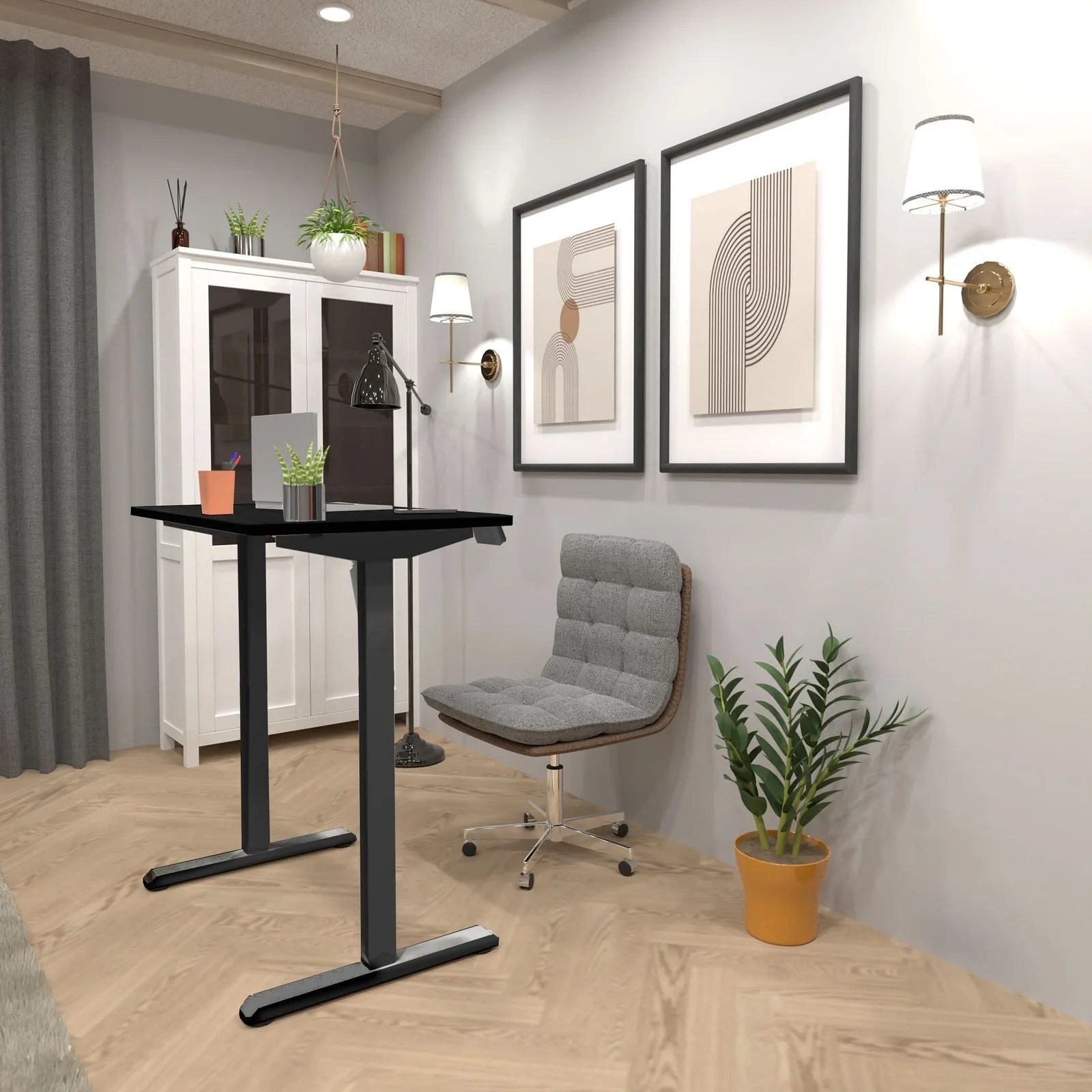 A compact electric standing desk raised to standing height in a small room beside a chair