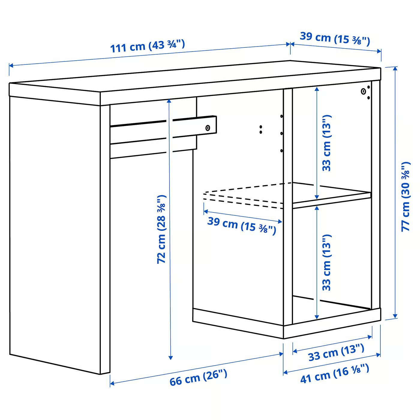 IKEA's dimensioned drawing of the KALLAX desk showing 111 cm width, 39 cm depth, 77 cm height and 72 cm of clearance under the top