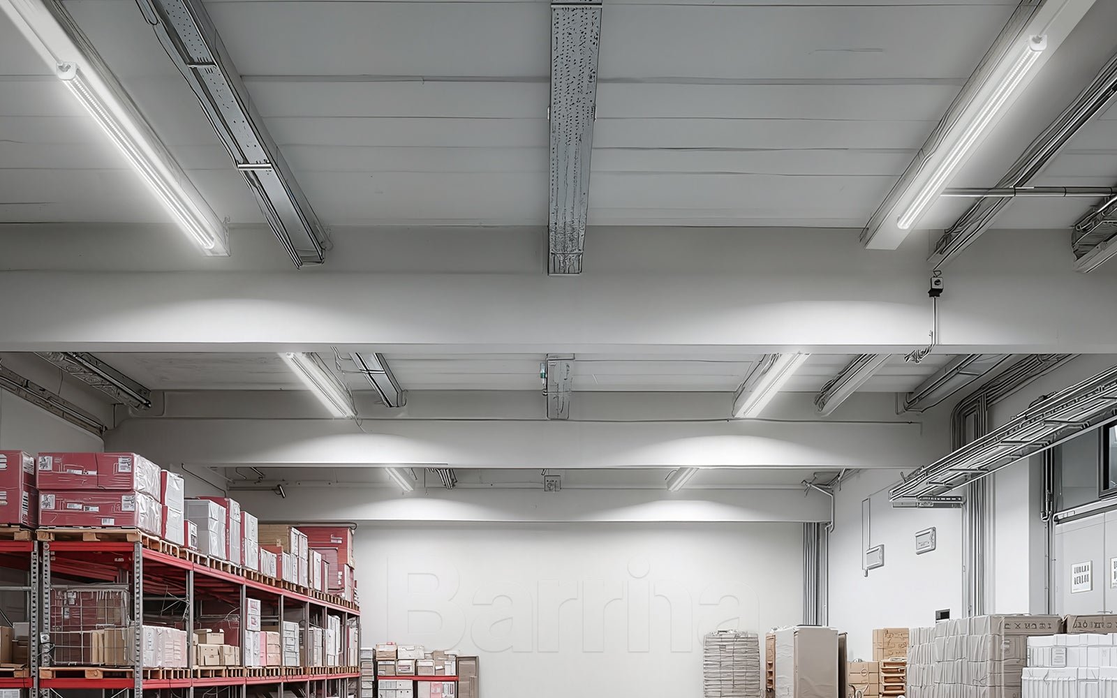 Barrina 4-foot clear-cover LED shop lights lit in rows along the ceiling of a working storage bay