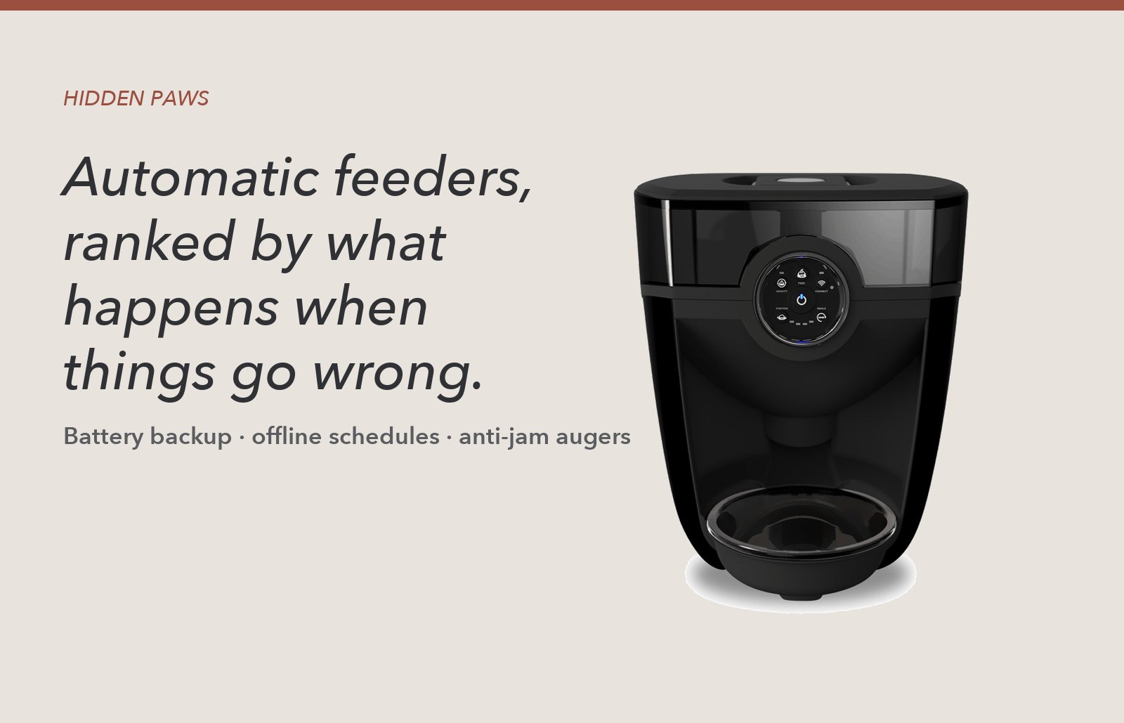 Hidden Paws cover graphic reading "Automatic feeders, ranked by what happens when things go wrong" beside a black automatic feeder
