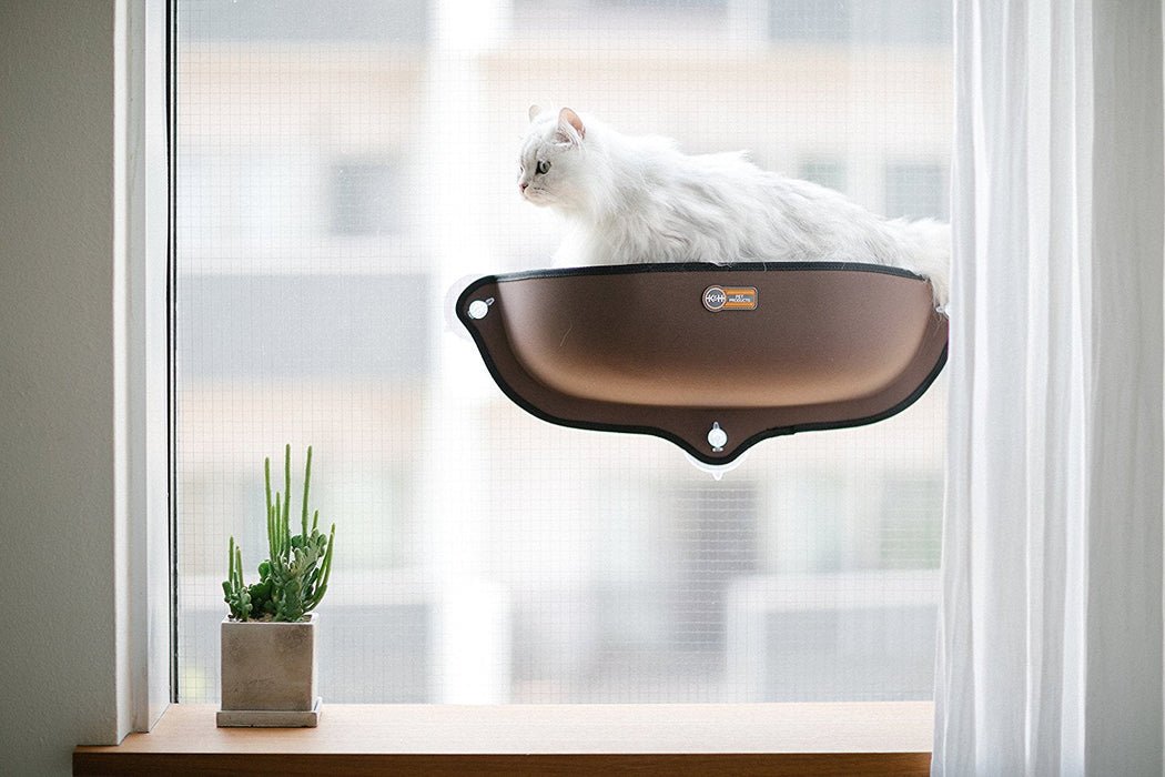 A cat lying on a tan suction-mounted window hammock, looking out of a bright window