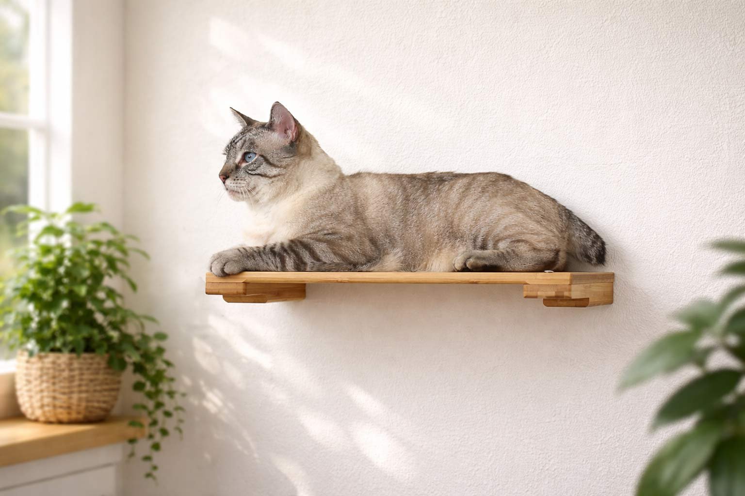 A tabby cat lying on a bamboo CatastrophiCreations wall shelf beside a sunlit window