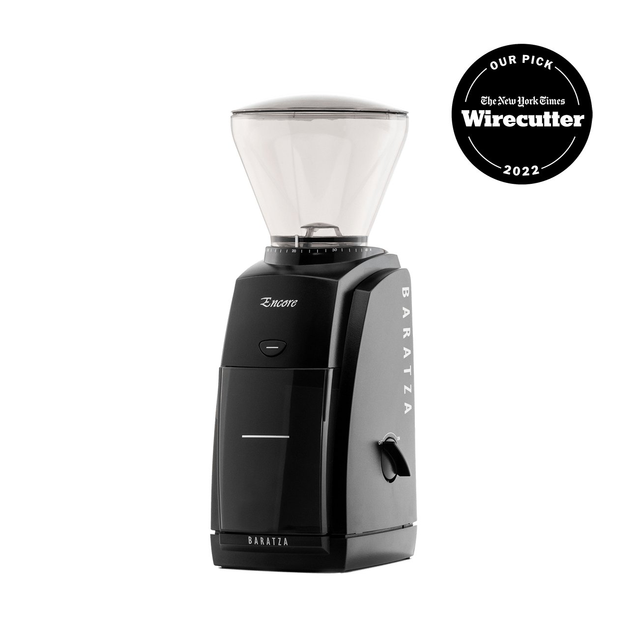 The Baratza Encore conical burr grinder in black, the winning pick, with its hopper and grounds bin