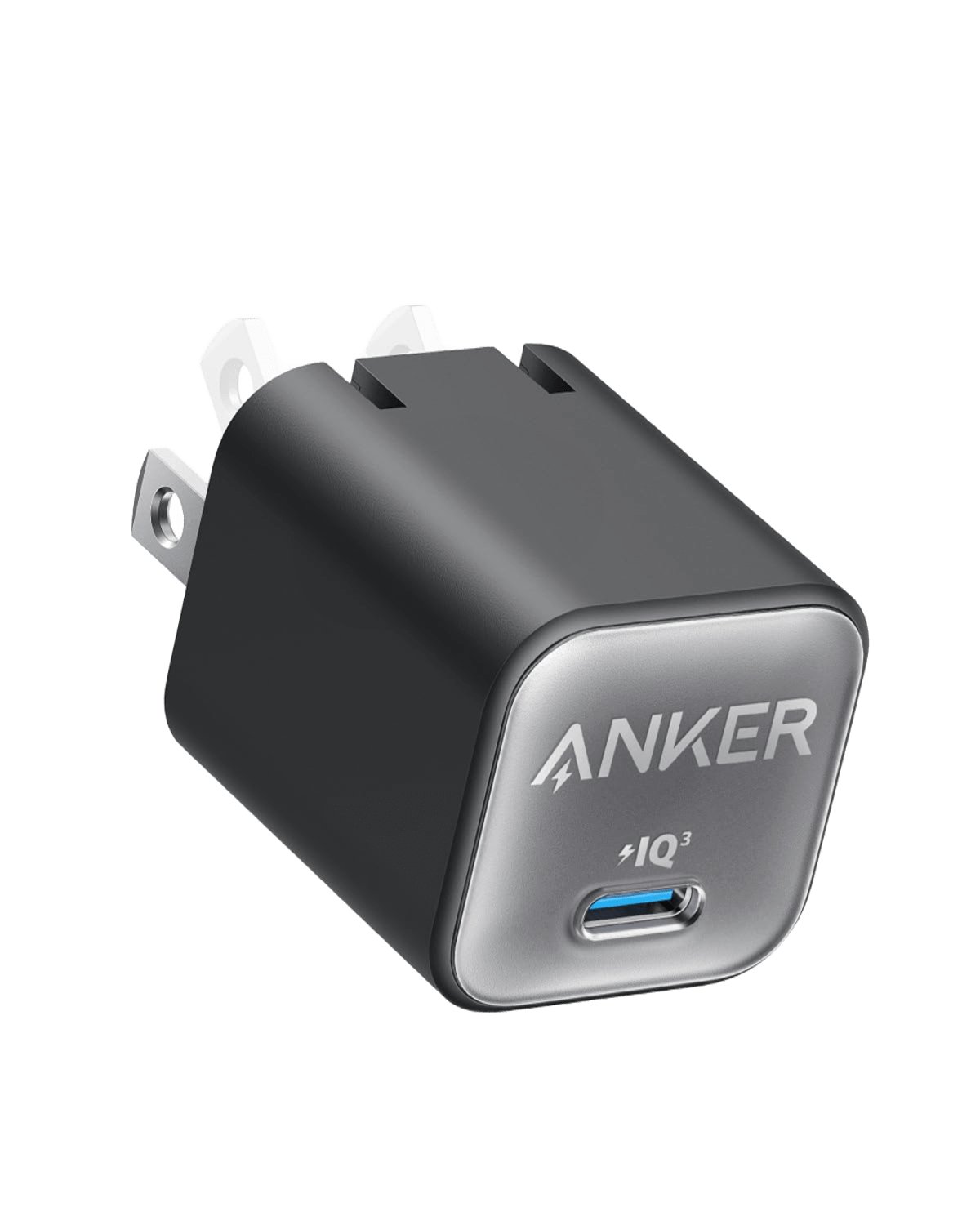 The Anker Nano 30W USB-C wall charger in black, the winning pick, with its folding plug prongs out