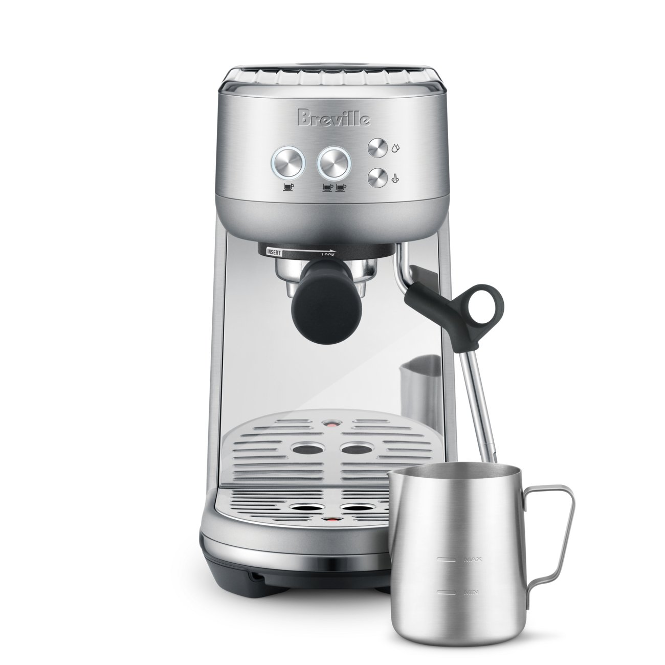 The Breville Bambino espresso machine in brushed stainless steel on a kitchen counter with a portafilter and milk pitcher