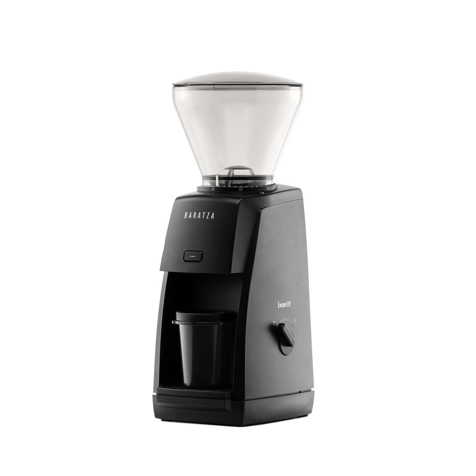 Baratza Encore ESP conical burr coffee grinder in black with its portafilter holder