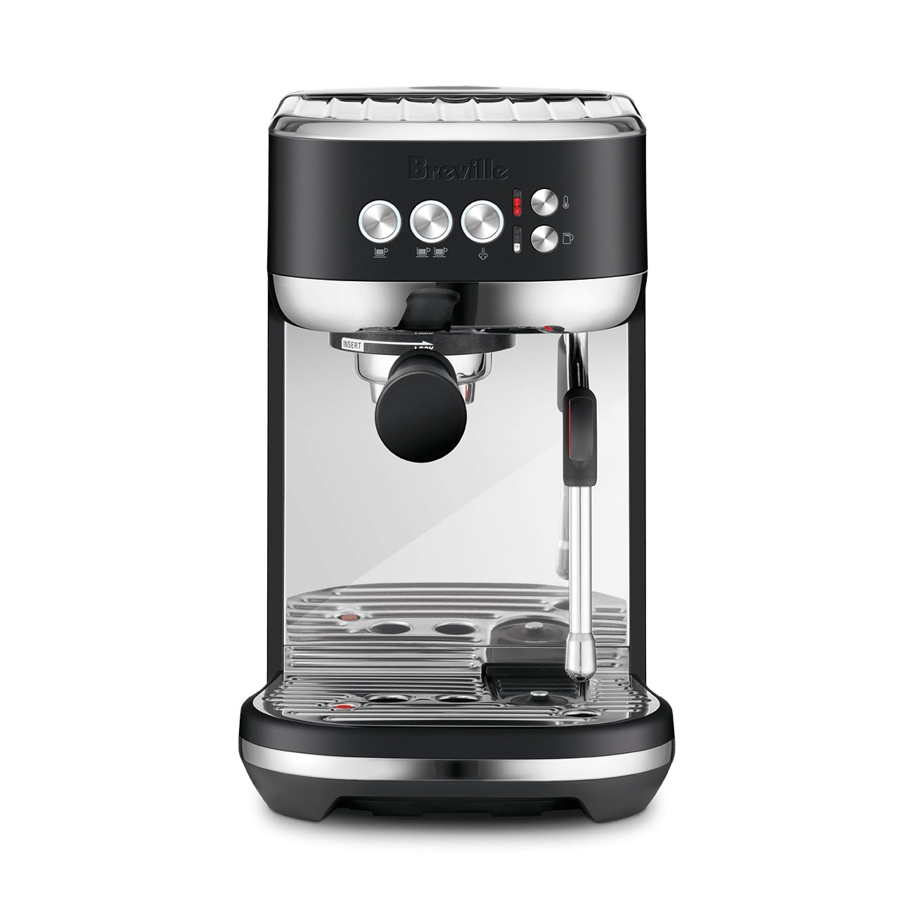 Breville Bambino Plus espresso machine in black truffle stainless steel with its steam wand and portafilter