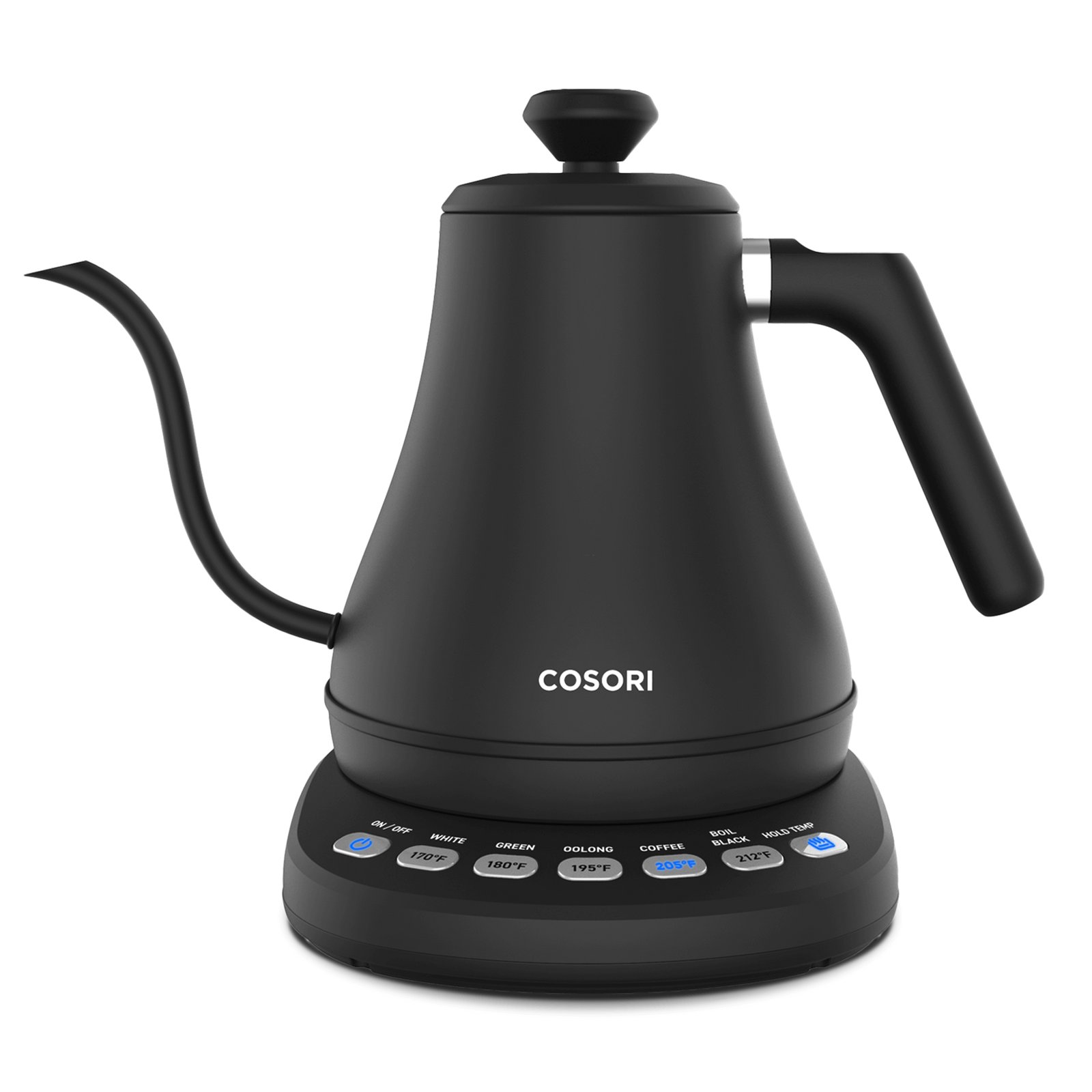 Cosori Original Electric Gooseneck Kettle in black on its power base, with a long curved spout