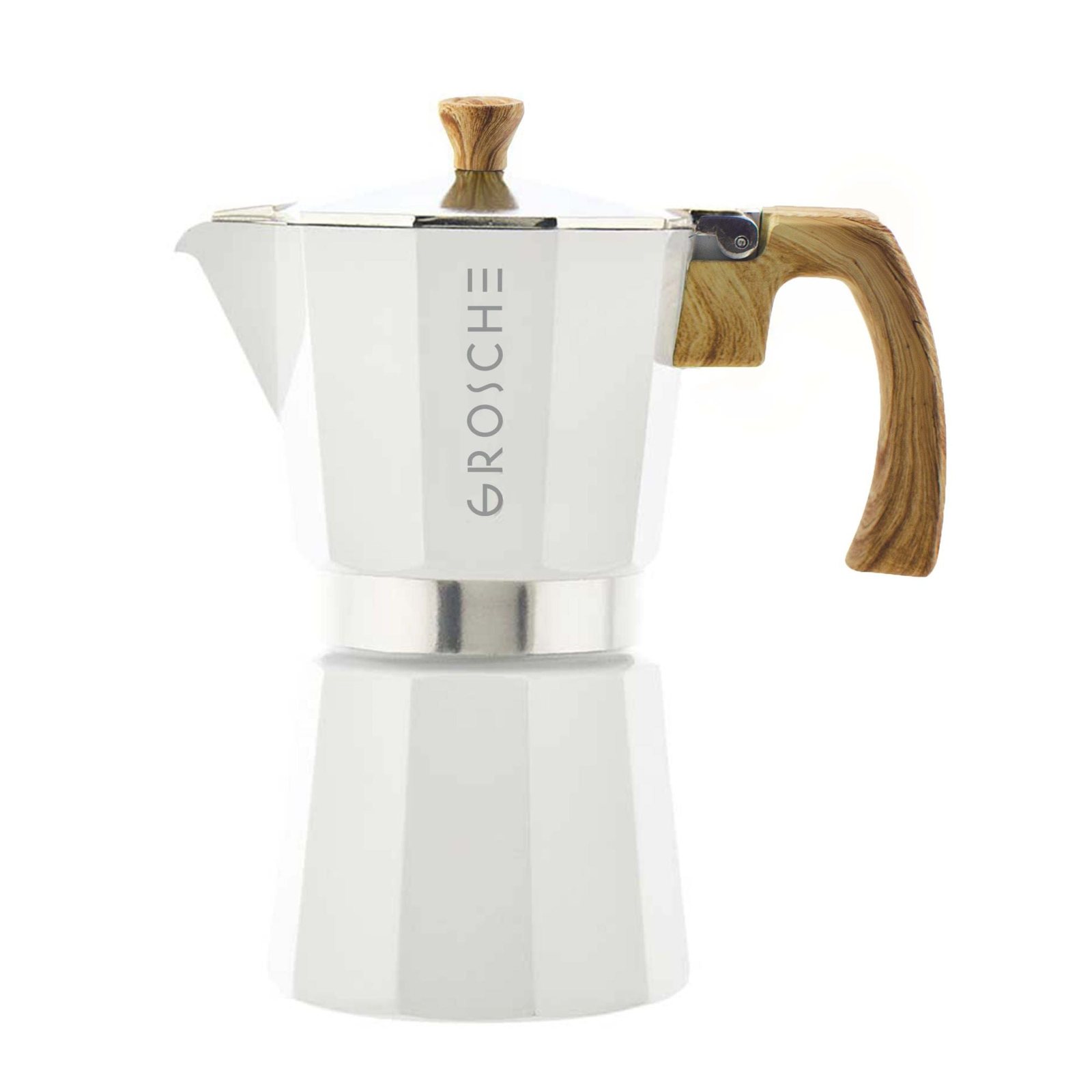 GROSCHE MILANO stovetop espresso maker in white, a six-cup aluminum moka pot with a wooden-look handle