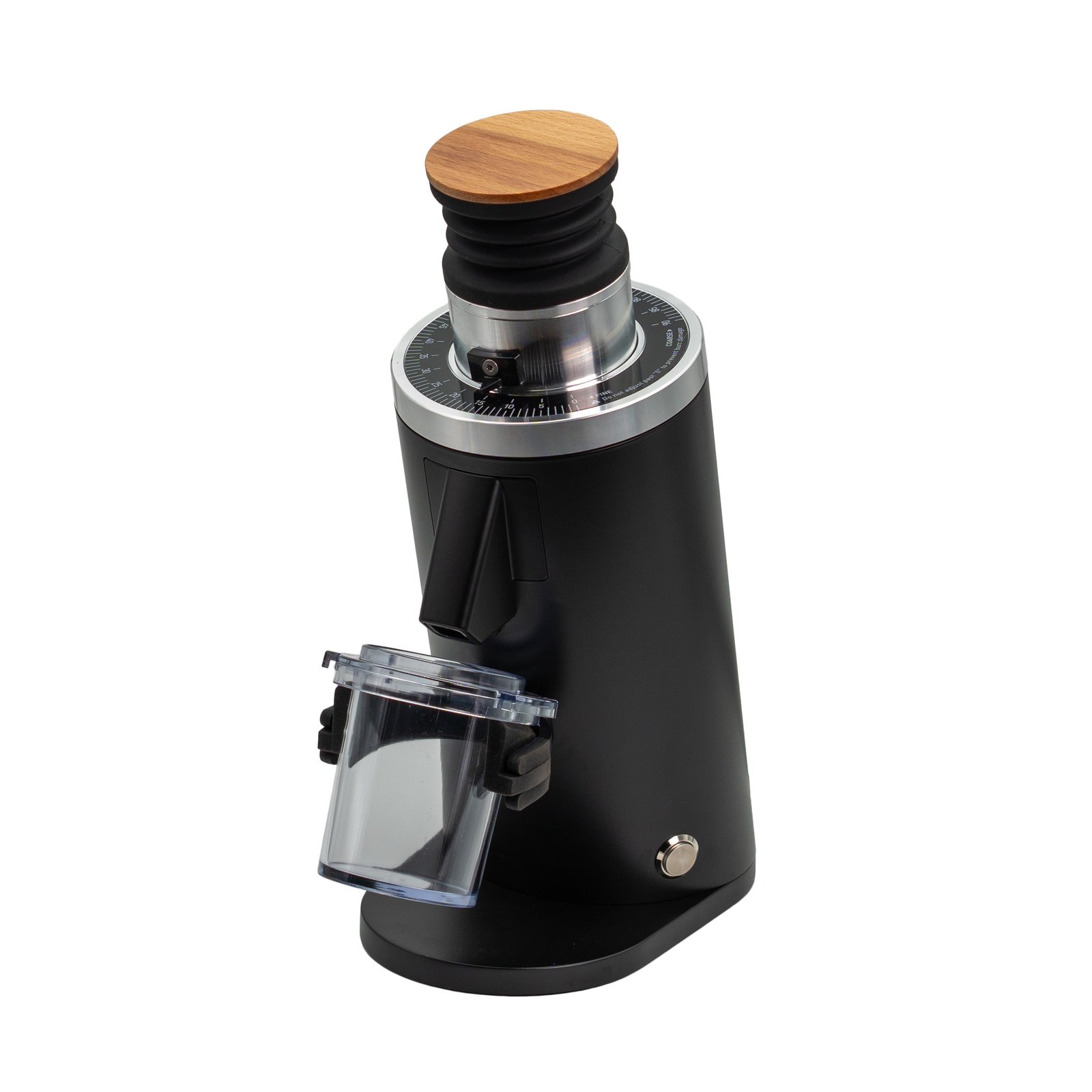 MiiCoffee DF54 single dose coffee grinder in black with its dosing cup and portafilter rest