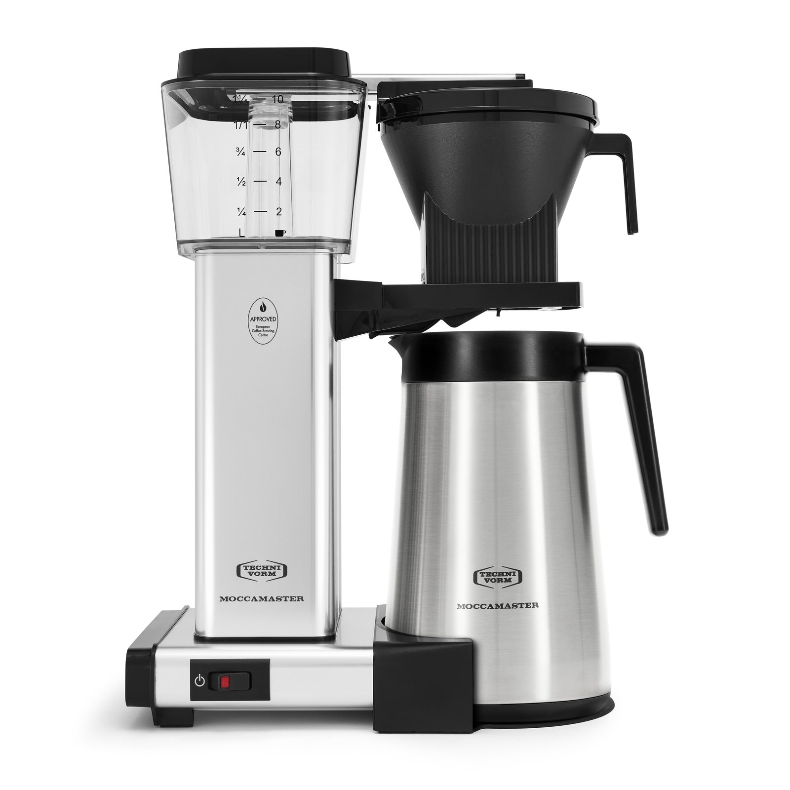 Moccamaster KBGT drip coffee brewer in polished silver with an insulated stainless thermal carafe