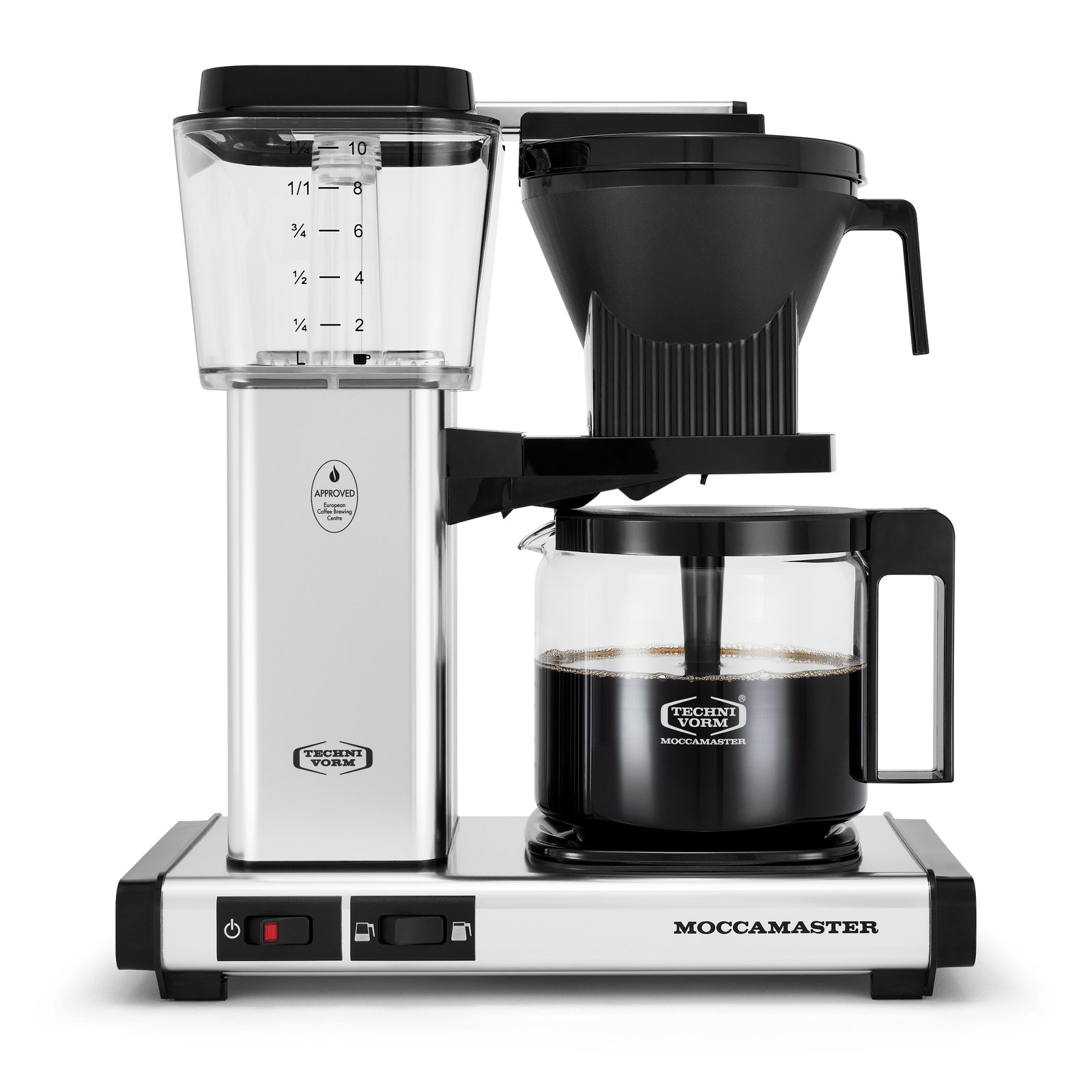 Technivorm Moccamaster KBGV Select in polished silver, 14 inches tall, with its glass carafe on the hot plate