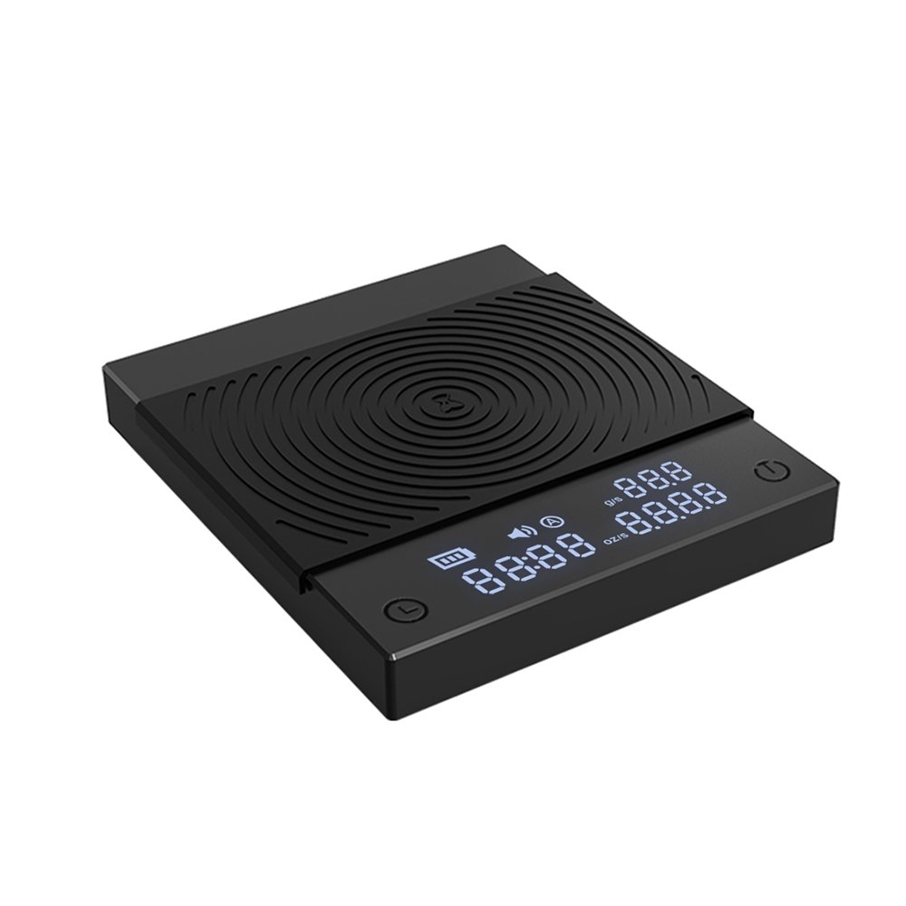 Timemore Basic 2.0 coffee scale in black, a thin square scale with a backlit display and a ribbed silicone pad