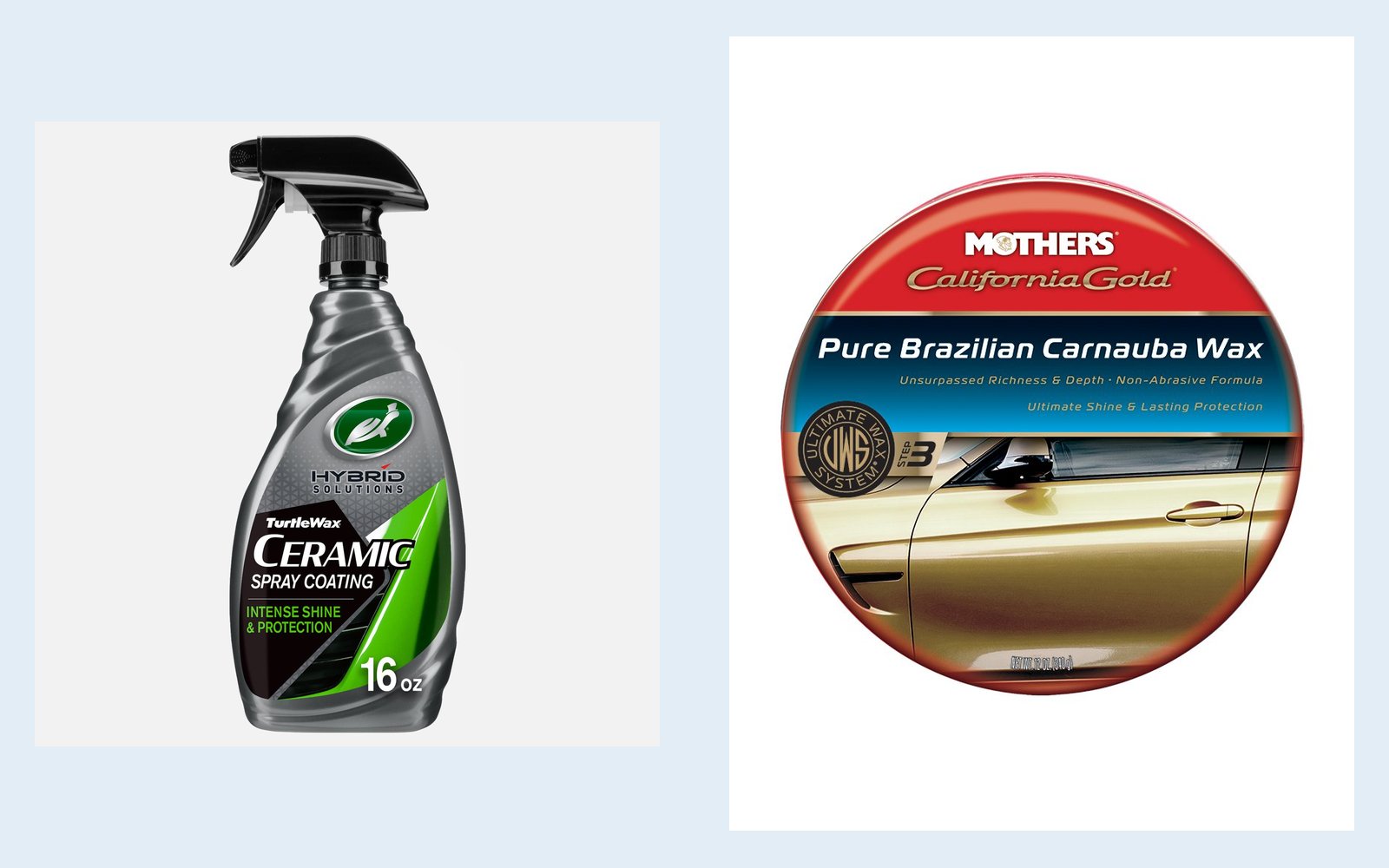 Turtle Wax Hybrid Solutions Ceramic Spray Coating beside a tin of Mothers California Gold pure carnauba paste wax