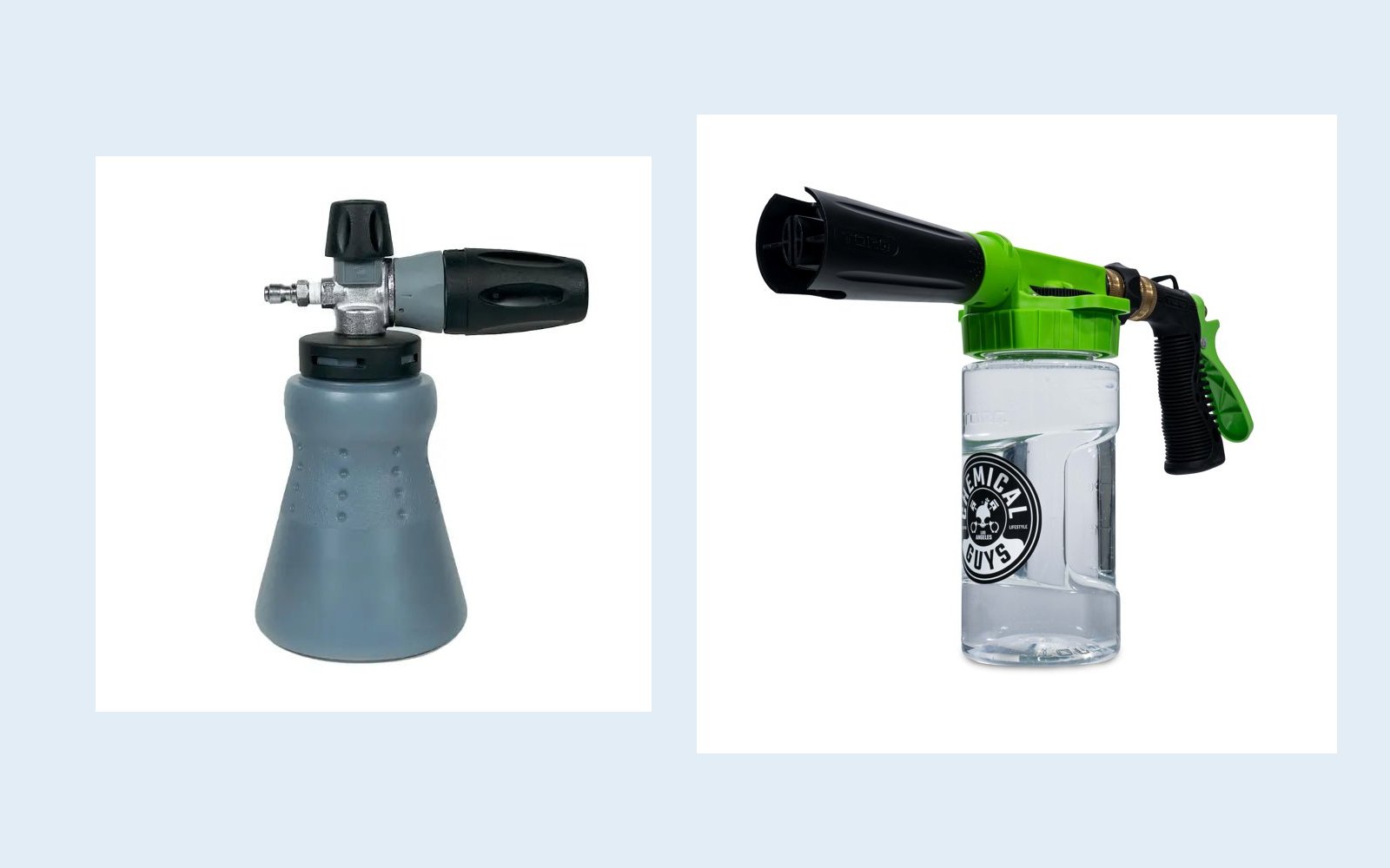 The MTM Hydro PF22.2 foam cannon beside the Chemical Guys TORQ Foam Blaster 6 garden hose foam gun